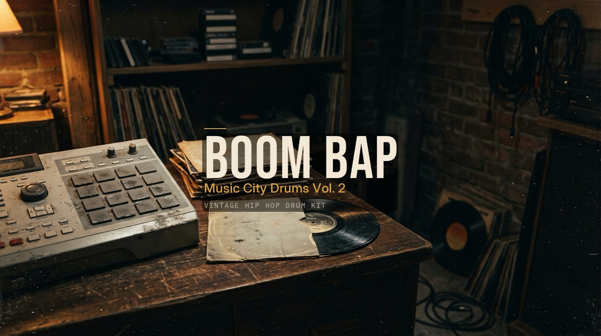 A dark, atmospheric music studio scene with a drum machine on a wooden table, vinyl records, and large overlaid text reading 'BOOM BAP' and 'Music City Drums Vol. 2'.