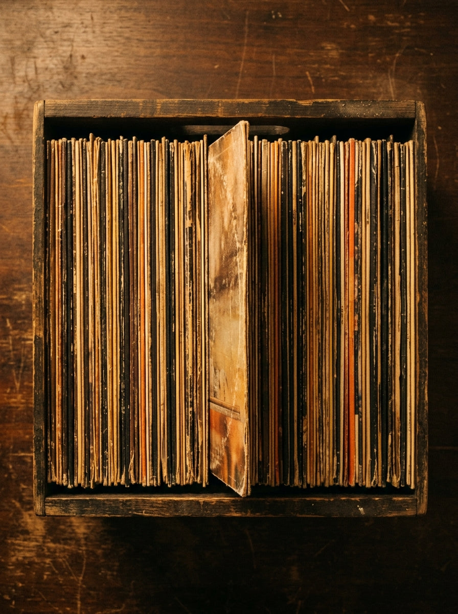 A top-down view of a vintage wooden box filled with numerous vinyl records, with one record sleeve standing open in the center, set against a dark rustic wooden background.
